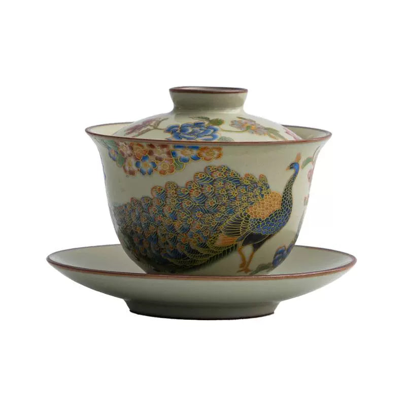 Ru kiln three talents cover bowl peacock open screen three talents cover bowl can hover and rotate Chinese high-end cover bowl